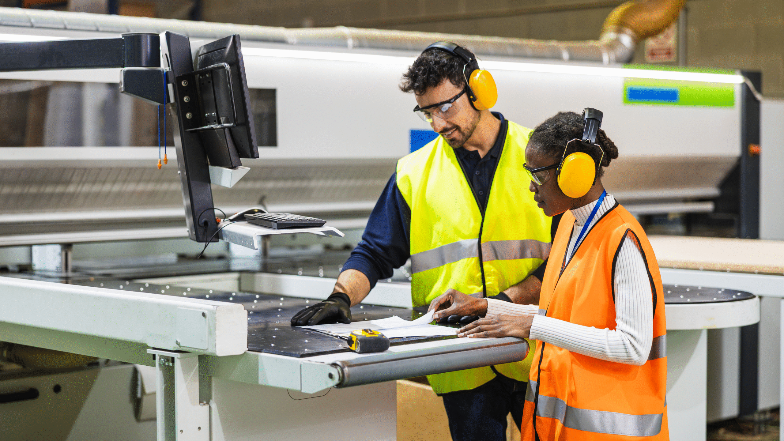 Manufacturing engineers reviewing production process on factory floor with industrial machinery and supply chain operations